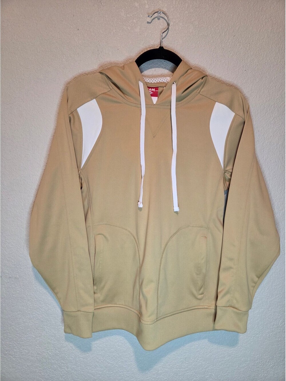 Team 365 Beige Pullover Hoodie with White Accents, Size M